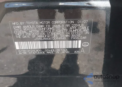 2007 Lexus Es 350 350 from USA, damaged, VIN JTHBJ46G672094948